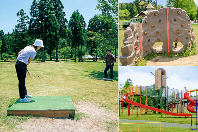 女性がパークゴルフをしている様子と遊具の写真