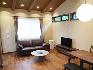 テレビやソファー、ダイニングテーブルがあるリビングの様子