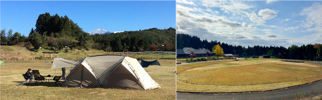 グラウンドサイトの全景写真とテントを設営したイメージ写真