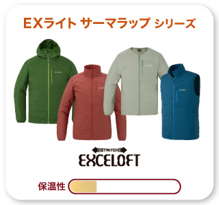 EXライト サーマラップ シリーズ（パーカ、ジャケット、Vネックジャケット、ベスト）の画像。下部には、4段階中最も低い保温性評価を示すバーがあります。