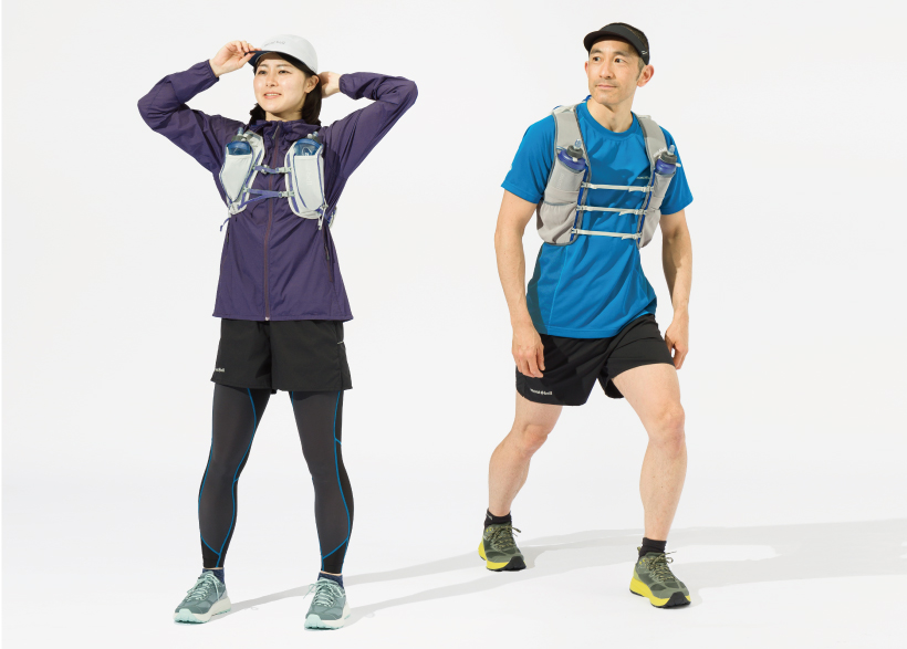 トレイルランニングの装備を身に付けた女性と男性のスタイリング例の写真