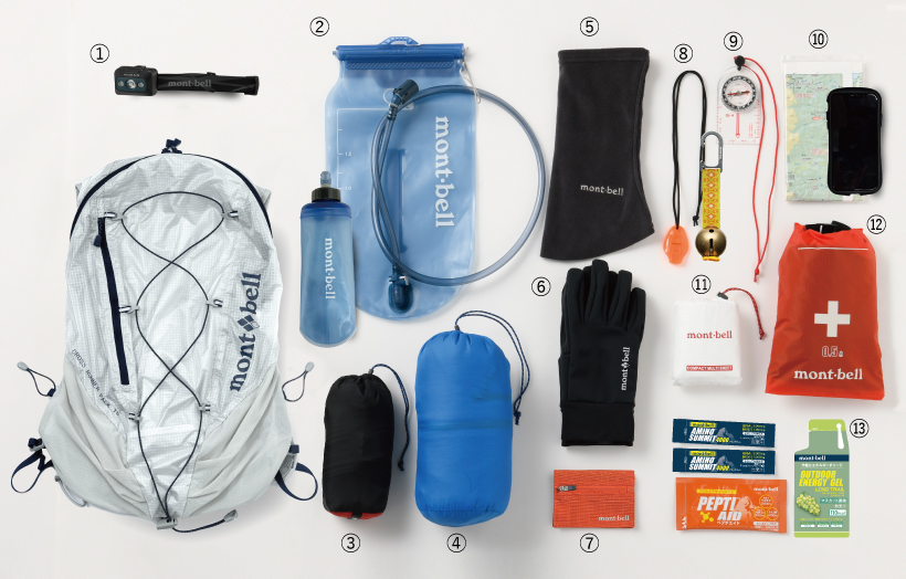 バックパック（15L）に入れる装備例写真