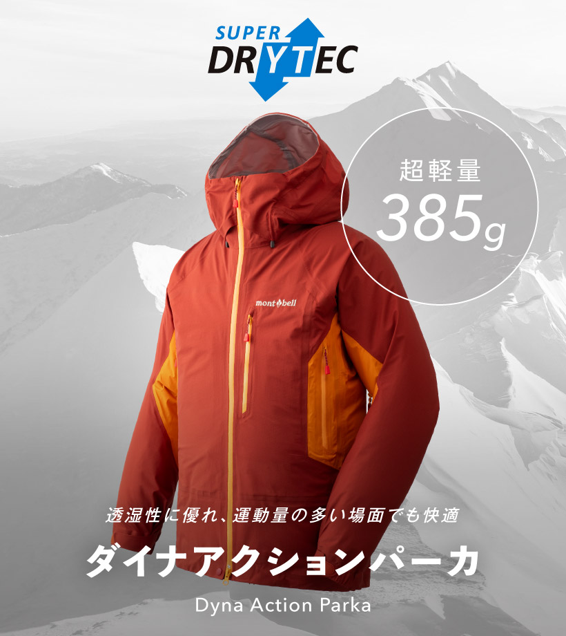 ダイナアクションパーカと背景に雪山の画像。