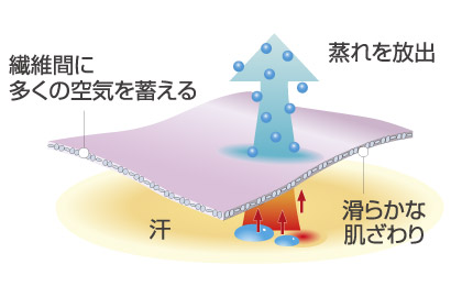 シルク　機能：繊維間に多くの空気を蓄える。汗を吸い取り蒸れを放出。滑らかな肌触り。