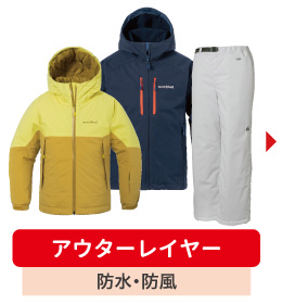アウターレイヤーは防水・防風の役割を持ちます。防水仕様の保温材入りアルパインウエア上下、フィルム入りソフトシェルをアイテム例として挙げています。
