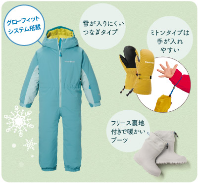 雪遊びが初めての小さい子ども向けの扱いやすいアイテムを紹介しています。グローフィットシステム搭載で長く着られるつなぎタイプのスノースポーツウエア。小さい子でも手が入れやすいミトンタイプのグローブ。軽量な長靴タイプの暖かな裏地付きスノーブーツ。
