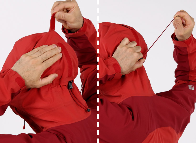 簡単な調節方法で高いフィット感が得られる独自設計のフード。