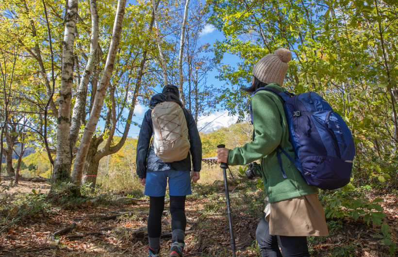 小型のバックパックを背負って登山をする2人の女性